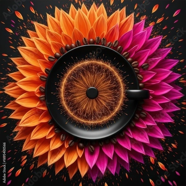 Obraz Top view of coffee cup with flower petals and beans on black background artistic design