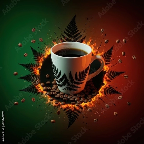 Obraz A coffee cup with fern design surrounded by coffee beans and ferns on a colorful background