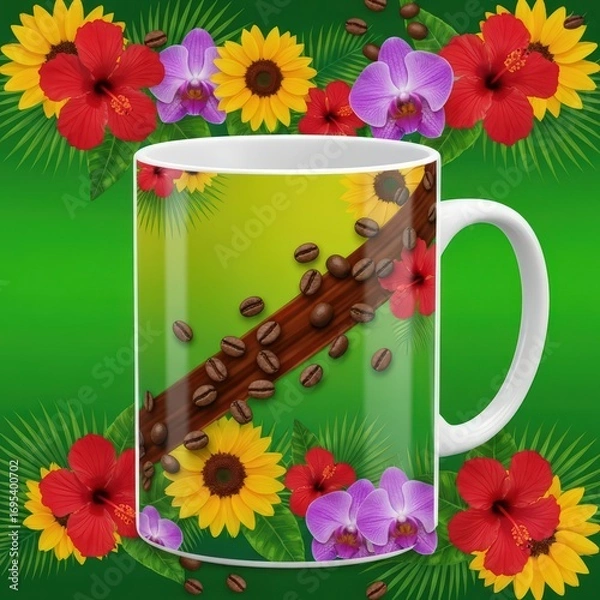 Obraz A coffee mug with coffee beans and flowers on a green background with tropical leaves and flowers around it