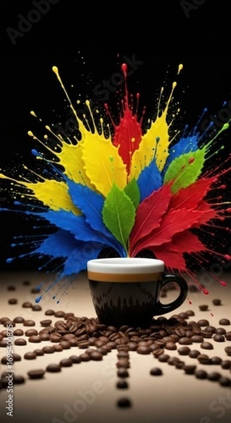 Obraz A cup of coffee with colorful paint splashes and coffee beans on a dark background illustration