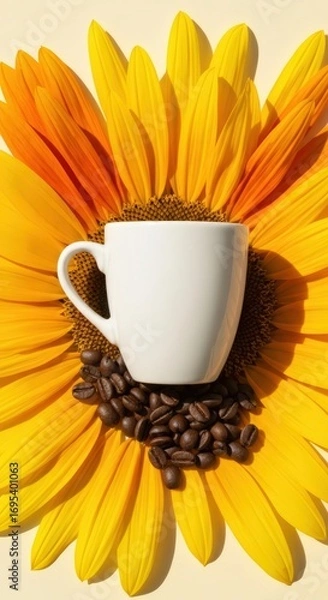 Obraz A white coffee cup on a sunflower with coffee beans against a light yellow background view from above