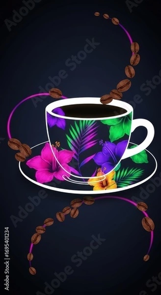 Obraz A floral patterned coffee cup with beans forming a circular arc on a dark background design art