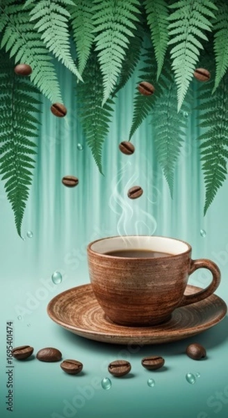Obraz A cup of coffee with falling coffee beans and ferns against a teal background with water droplets
