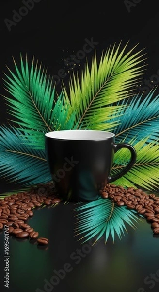 Obraz A black mug with coffee beans and palm fronds on a black background with light spots above it