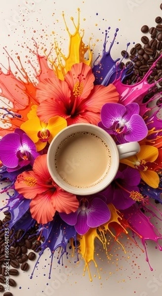 Obraz A cup of coffee surrounded by vibrant flowers and colorful paint splashes on a white background