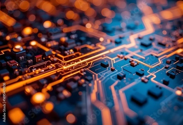 Fototapeta Innovative circuit board design showcasing cutting edge technology with vibrant glowing connections