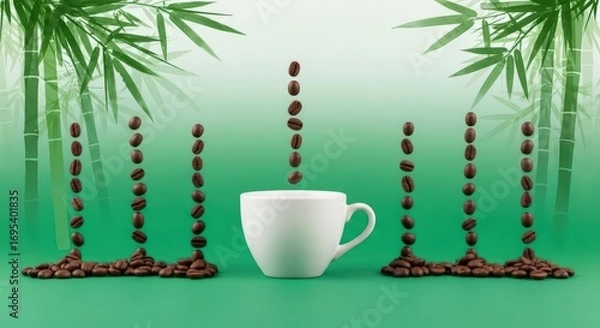 Obraz Coffee beans falling into a white cup with bamboo leaves in a green and white gradient background