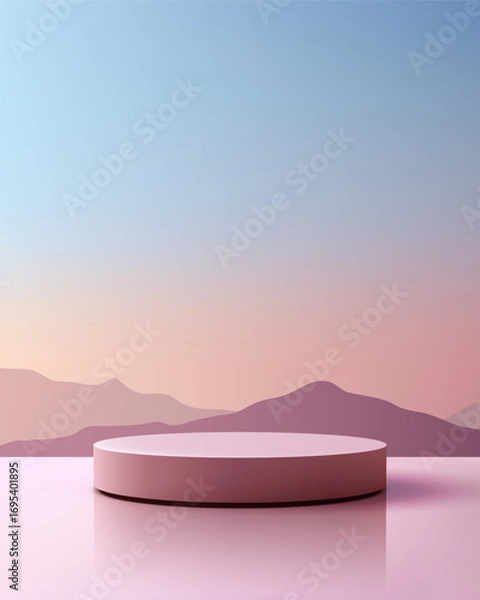 Fototapeta display podium soft pink reflective surface tranquil mountain background gradient sky dreamy pastel landscape product mockup template design showcase modern branding minimal