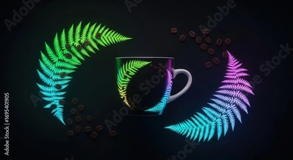 Obraz A coffee cup with neon ferns and coffee beans on a dark background in a studio setting