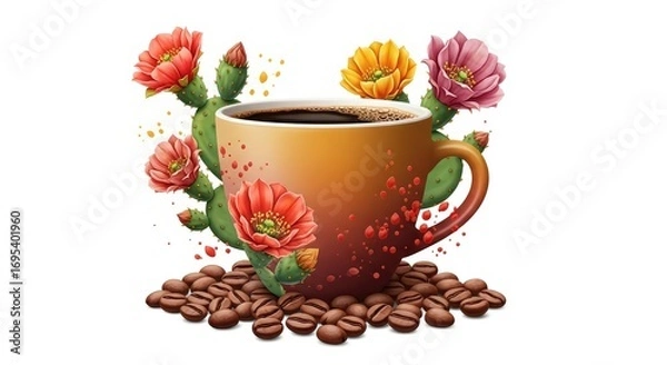 Obraz A cup of coffee surrounded by cactus flowers and beans on a white background illustration