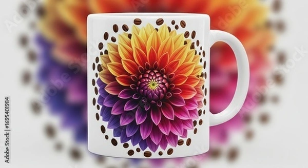 Obraz A white mug with a colorful flower design and coffee bean accents on a plain white background image shot