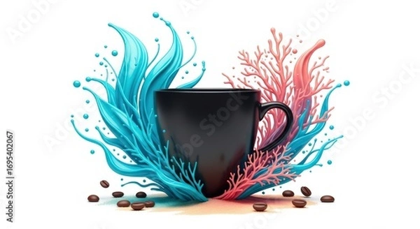 Obraz A black coffee cup surrounded by blue splashes and pink coral with scattered coffee beans around