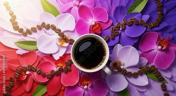Obraz A cup of black coffee surrounded by colorful orchids and a border of coffee beans artfully arranged
