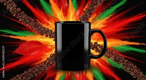 Obraz A black mug with coffee beans and a red leaf on a colorful abstract background with light streaks