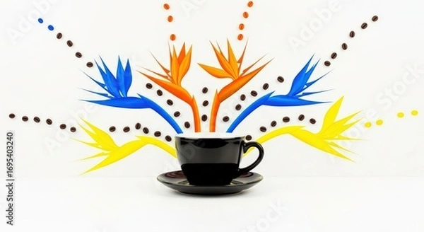 Obraz A black coffee cup with colorful bird of paradise flowers and coffee beans on a white background