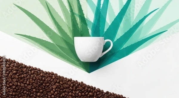 Obraz A white mug centered with coffee beans and green aloe leaves on a white background display shot