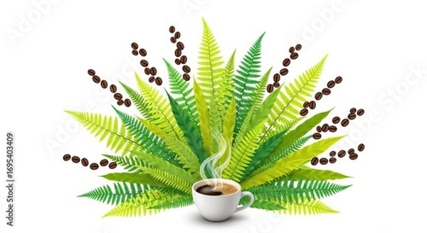 Obraz A cup of coffee surrounded by ferns and coffee beans on a white background studio shot display