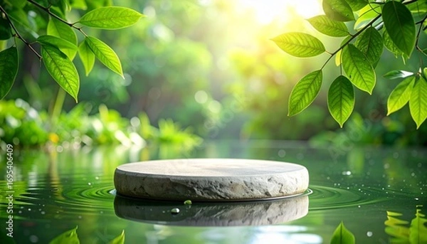 Obraz Minimalist Natural Stone Podium in Green Nature with Sunlight Reflection, Product Display Background
