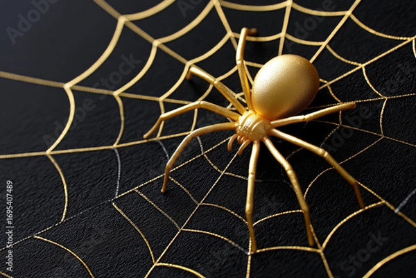 Fototapeta Golden spider on shiny metallic spider web over black background luxury halloween decoration spooky abstract concept