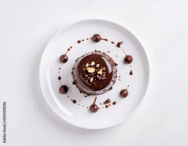 Fototapeta Flat Lay of Chocolate Dessert with Nuts on White Plate