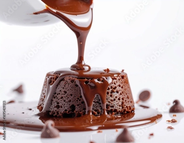 Fototapeta Pouring Melted Chocolate Over Dessert on White Background
