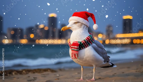 Obraz Festive Seagull on a Winter Beach