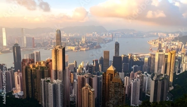 Fototapeta Panoramic view of Hong Kong city at sunset