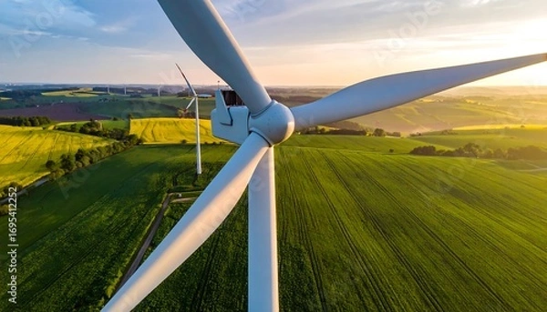 Fototapeta Aerial view of wind turbine blades, fields, and sunset