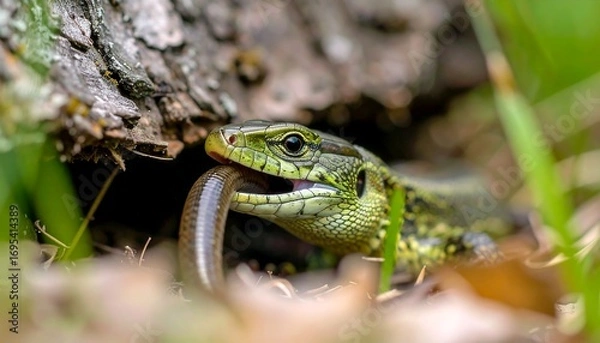 Fototapeta European green lizard feeding on a slow worm in its natural habitat