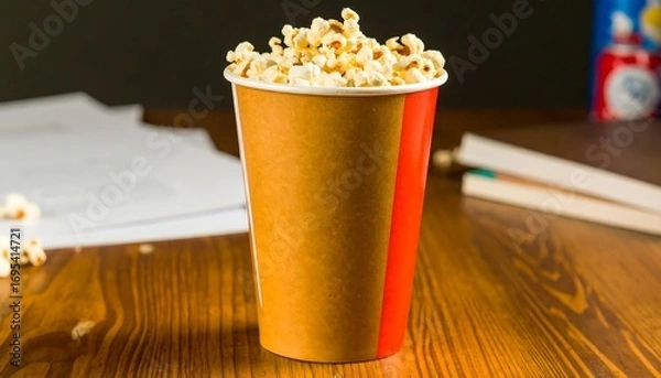 Fototapeta Popcorn in a paper cup on a wooden table