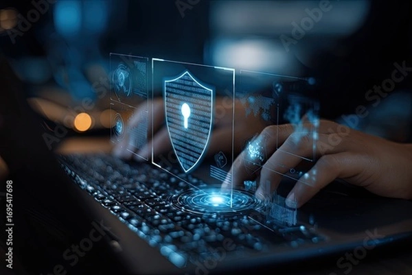 Fototapeta Hands typing on laptop, security interface overlay