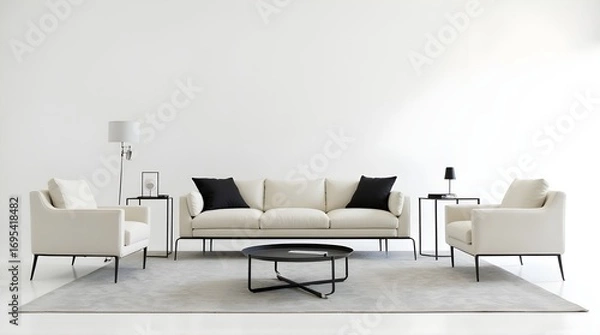 Fototapeta Modern living room setup showcases elegant sofa and chairs in a bright, inviting space