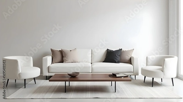 Fototapeta Create a modern living room design concept with this stylish white sofa and comfortable armchairs