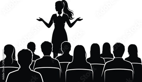 Fototapeta Silhouette vector illustration of female presenter speaking to audience, woman giving presentation or lecture in classroom, seminar, or business training setting