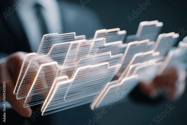 Fototapeta Holographic file folders hover over a person's hands