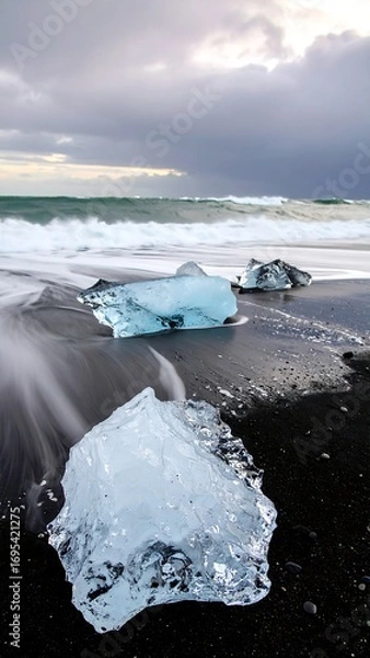 Obraz Glacial ice fragments on a black sand beach
