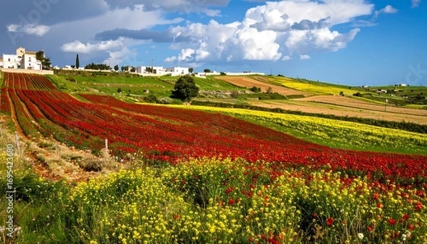 Fototapeta Colorful agricultural hills under a partly cloudy sky