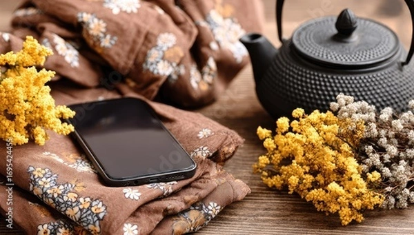 Fototapeta Dried flowers, a mobile phone, and a teapot on a wooden surface.