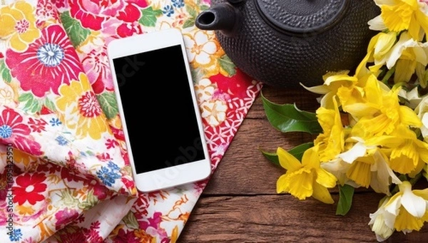 Fototapeta Smartphone resting on a floral fabric, surrounded by daffodils and a teakettle.