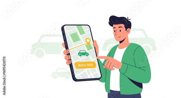 Obraz Booking a Ride: Man Using Smartphone App With Map for Transportation Services