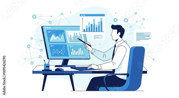 Obraz Business Analyst Illustrating Financial Data And Charts Presented On A Computer Screen