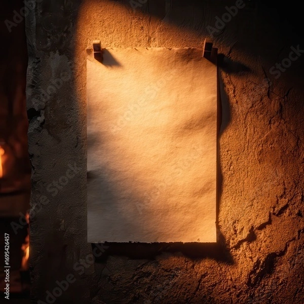 Fototapeta Rustic Wall Paper Mockup with Firelight – PSD Poster Template with Smart Object