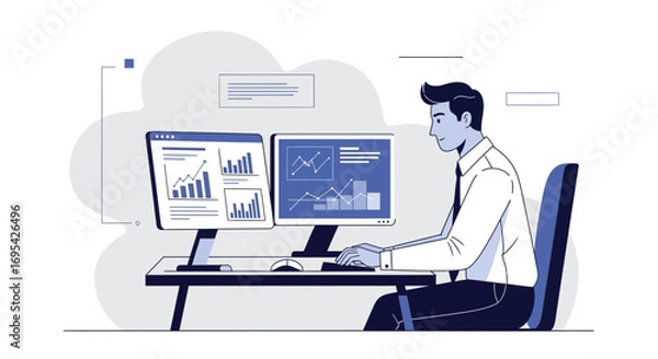 Obraz Business Analyst Working On Financial Charts And Data Analysis On Dual Screens Display