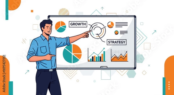 Obraz Business Professional Presenting Data Growth And Strategy On Whiteboard With Charts And Graphs