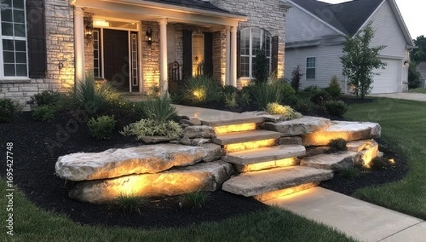 Fototapeta Elegant stone steps illuminated by outdoor lights.