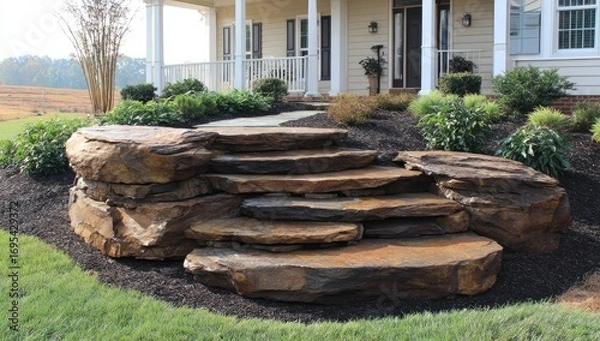 Fototapeta A set of natural stone steps flanked by large rocks.