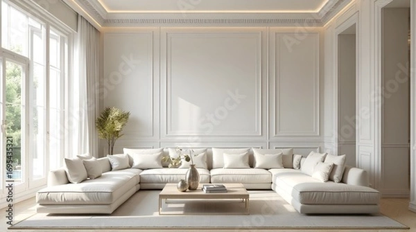 Fototapeta Serene modern living room oasis with plush sectional sofa bathed in soft natural light