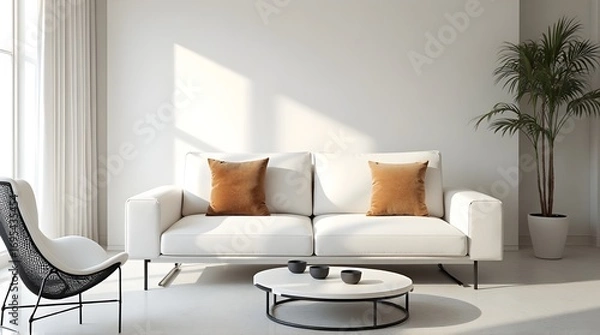 Fototapeta Serene modern living room with white sofa, plush cushions, and natural light creating calm ambiance