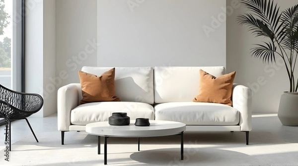 Obraz Serene modern living room oasis with plush white sofa, warm accent pillows, and minimalist decor