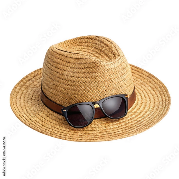 Fototapeta Straw hat with sunglasses isolated on transparent background
